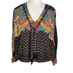 Vintage Carole Little Top Blouse Boho Artsy Beads Tie Cottagecore Size 12P‎